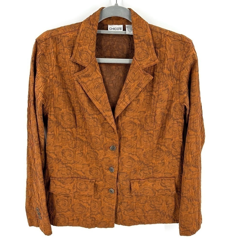 Chicos Textured Blazer Jacket Womens 8 Jacquard Rose Floral Office Stretch
